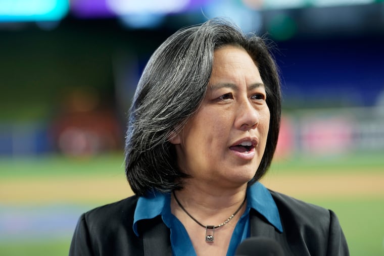Miami Marlins General Manager Kim Ng speaks with the news media in January in Miami.