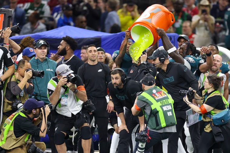 Eagles coach Nick Sirianni gets a Gatorade shower during the fourth quarter of Super Bowl LIX.