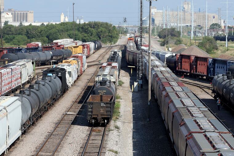 Trains at the BSNF Railway Company's North Yard in Fort Worth, Texas.