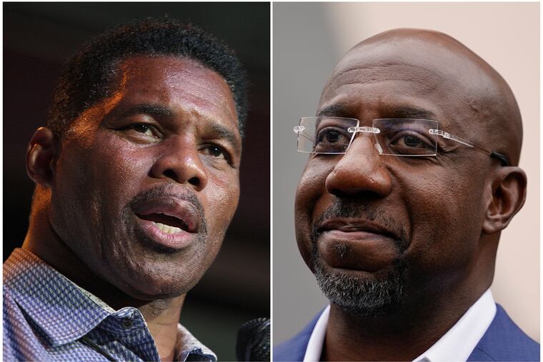 Herschel Walker, left, and and Sen. Raphael Warnock are the candidates in Tuesday's runoff election for the U.S. Senate in Georgia.