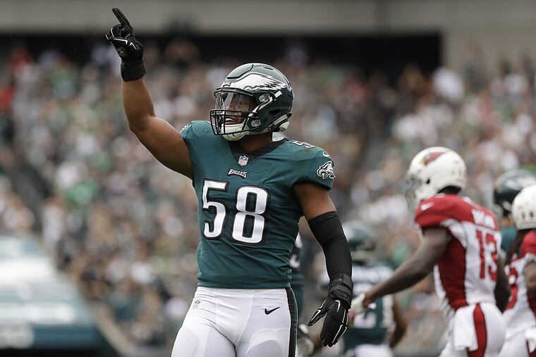 Philadelphia Eagles’ Jordan Hicks reacts during the first half of an NFL football game against the Arizona Cardinals, Sunday, Oct. 8, 2017, in Philadelphia.