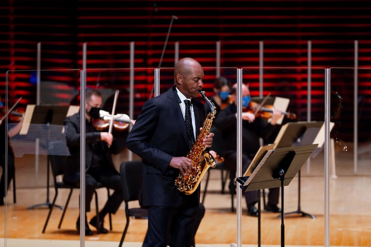 Saxophonist Branford Marsalis performing with Philadelphia Orchestra.