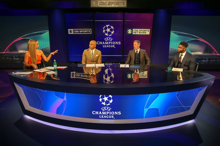 The CBS Sports UEFA Champions League studio crew, left to right, host Kate Abdo and analysts Roberto Martinez, Jamie Carragher, and Micah Richards.