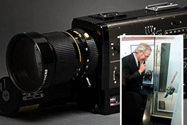A Super 8mm camera from Pro8mm. Right, Steven Spielberg visits his Super 8 camera at the National Museum of American Jewish History. (Photo / John Elder)