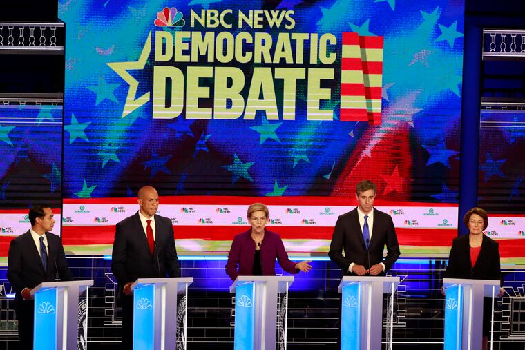 Democratic presidential candidate Sen. Elizabeth Warren (D-Mass., center), answers a question during the Democratic primary debate on Wednesday. Listening are (from left) former Housing and Urban Development Secretary Julian Castro, Sen. Cory Booker (D-N.J.), former Texas Rep. Beto O’Rourke, and Sen. Amy Klobuchar (D-Minn.)