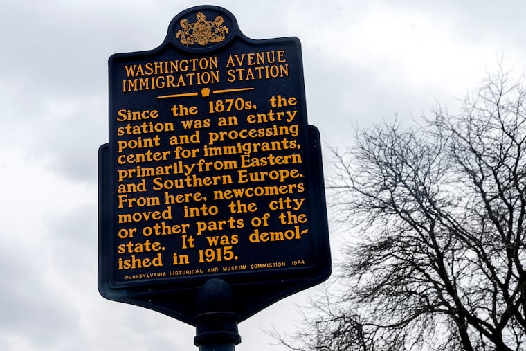 Pennsylvania Historical & Museum Commission marker for the former site of the Washington Avenue Immigration Station on Christopher Columbus Boulevard at Washington Avenue.