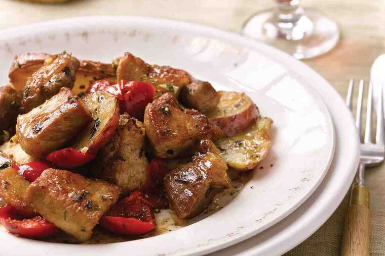 Calabrian Pork Chops with Peppers and Potatoes.