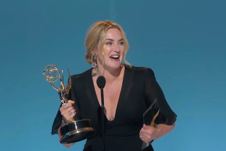 In this video grab issued Sunday, Sept. 19, 2021, by the Television Academy, Kate Winslet accepts the award for outstanding lead actress in a limited or anthology series or movie for "Mare of Easttown" during the Primetime Emmy Awards. (Television Academy via AP)