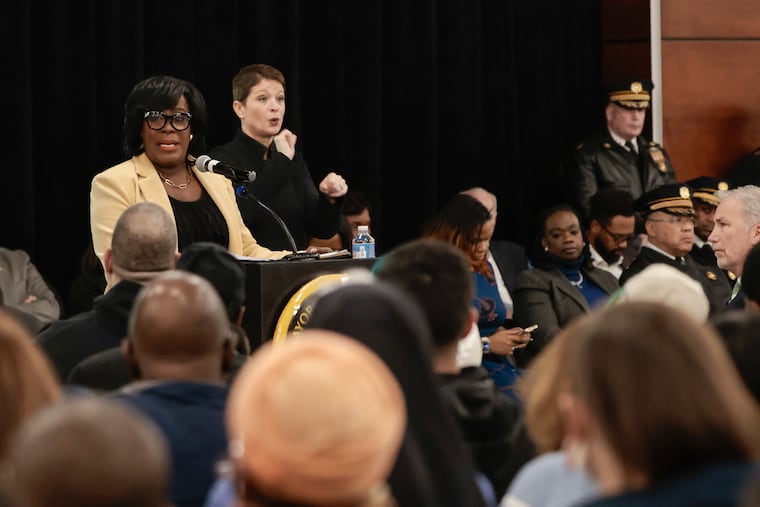 Mayor Cherelle L. Parker details available city resources to help neighborhood families and business owners during a town hall at S. Solis-Cohen Elementary School in the wake of the tragic plane crash in Northeast Philadelphia.