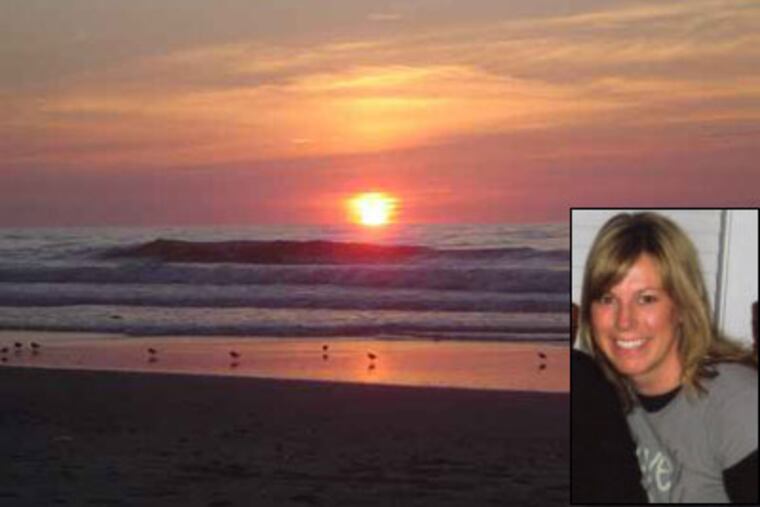 Tracy Hottenstein, inset. File photo of Sea Isle beach at sunsrise. Hottenstein was in Sea Isle City for the Polar Bear Plunge. Her body was found in frigid water near Ludlam Bay