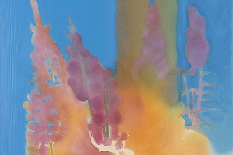 Detail from Elizabeth Osborne’s painting “Garden Tea Hill (3)” (2019), at Locks Gallery