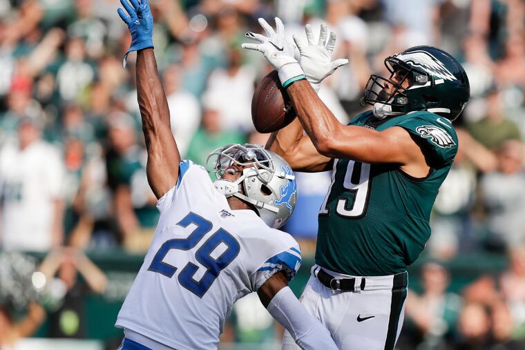 The Eagles are proposing that teams get a shot at converting fourth-and-15, as J.J. Arcega-Whiteside couldn't quite do here, against Detroit Lions cornerback Rashaan Melvin last season, instead of trying an onside kick.