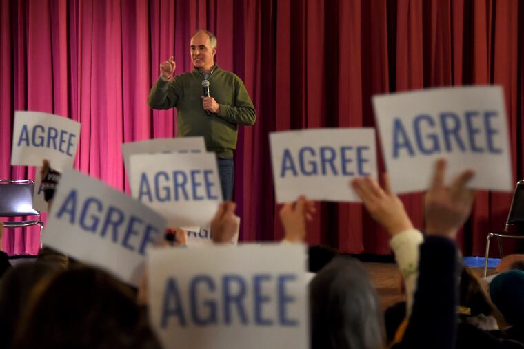 Sen. Bob Casey hosts the first town hall of his reelection campaign at the University of Pennsylvania in March, 2017. The Pennsylvania Democrat, seeking reelection this fall, has faced attacks from President Trump, who called him "Sleeping Bob."