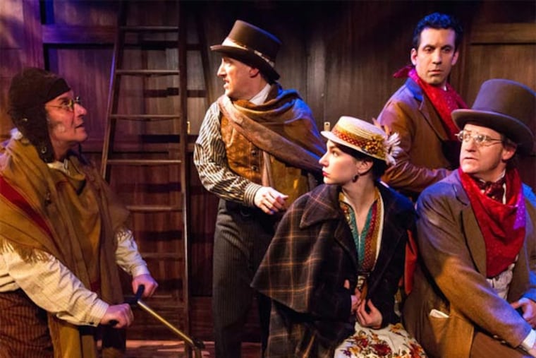 Cast members (from left) Bill Van Horn, John Zak, Sarah Gliko, Damon Bonetti, and Anthony Lawton in "Around the World in 80 Days" at Walnut Street Theatre's Studio 3.