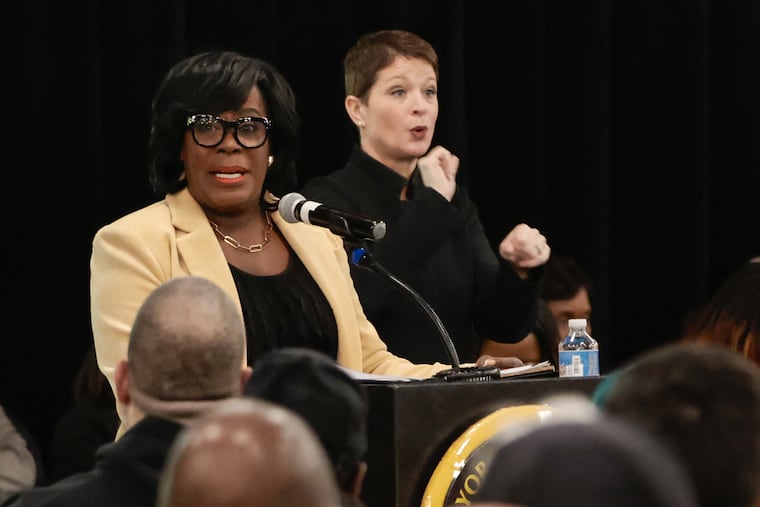 Mayor Charelle L. Parker speaks during a town hall at S. Solis Cohen Elementary School in wake of the tragic plane crash in Northeast Philadelphia Wednesday, Feb. 5, 2025, in Philadelphia.