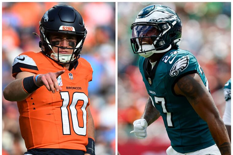 From left: Broncos quarterback Bo Nix and Eagles cornerback Quinyon Mitchell.