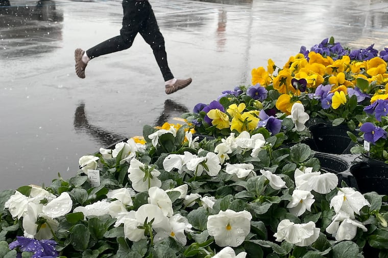 A shopper tries to outrun Thursday's wintry mix of snow, rain, and sleet to ge to a Westmont, N.J. grocery store on the day after it went up to 83. Some places got a slushy coating, but schools bravely remained open.