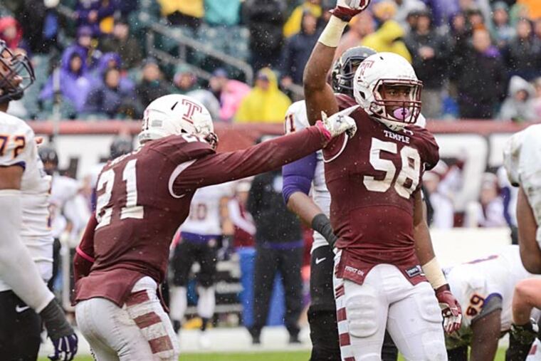 Temple defensive lineman Haason Reddick celebrates a recovered fumble
in the second quarter of Temple's 20-10 upset win over East Carolina on Saturday, Nov. 1, 2014 at Lincoln Financial Field. (Andrew Thayer/Staff Photographer)
