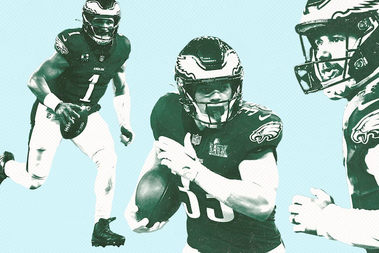 Photo illustration of Jalen Hurts, Cooper DeJean, and Jake Elliott