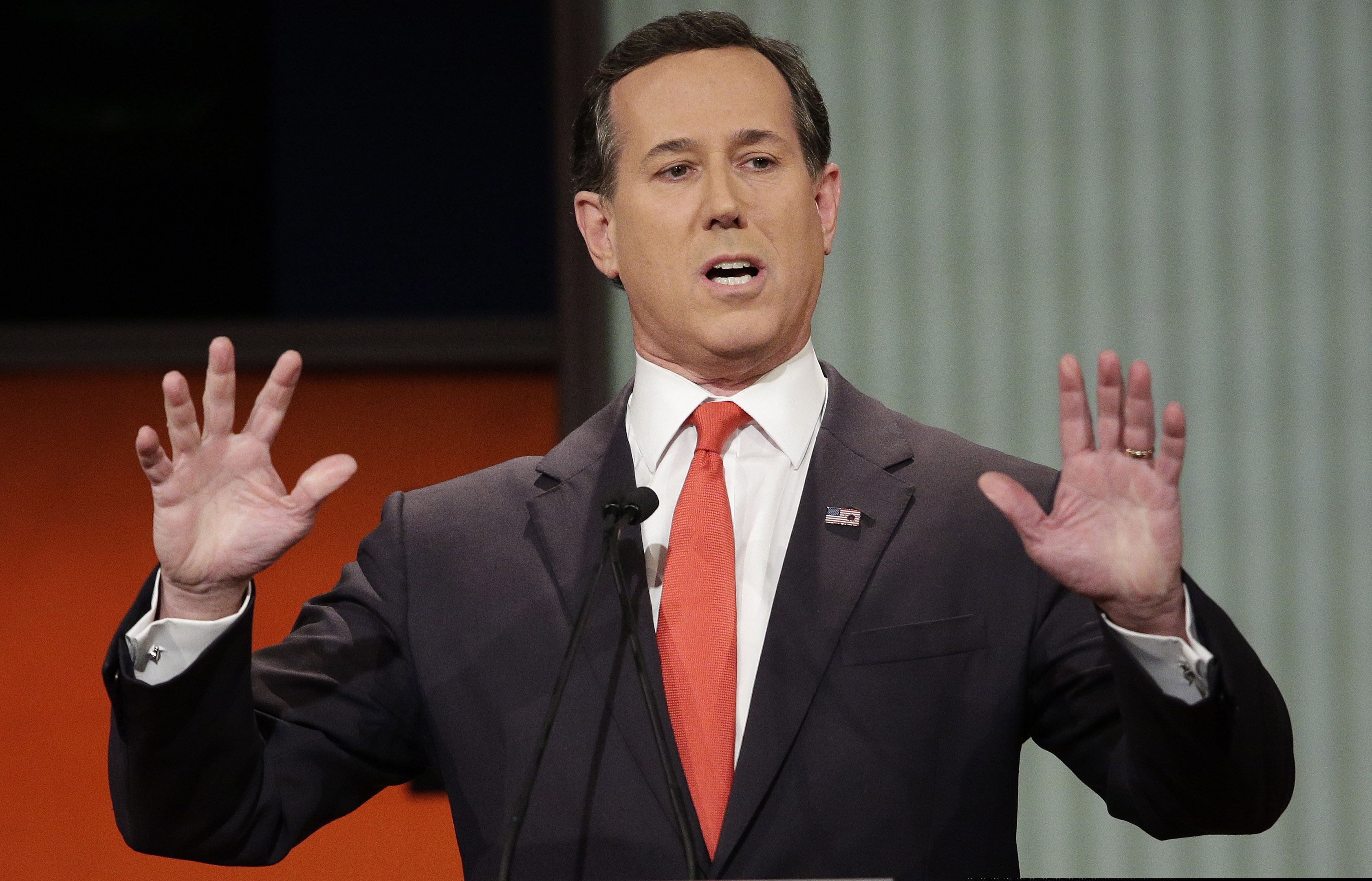 Former 2016 Republican presidential candidate, former Pennsylvania Sen. Rick Santorum, speaks during the Fox Business Network Republican presidential debate in North Charleston, S.C. on Jan. 14, 2016. The CNN analyst went on the network to try and explain comments about Native Americans that have led to criticism, but didn't appear to calm things down. Santorum told a group of young conservative last month that there was ‘nothing here’ when immigrants founded the United States.