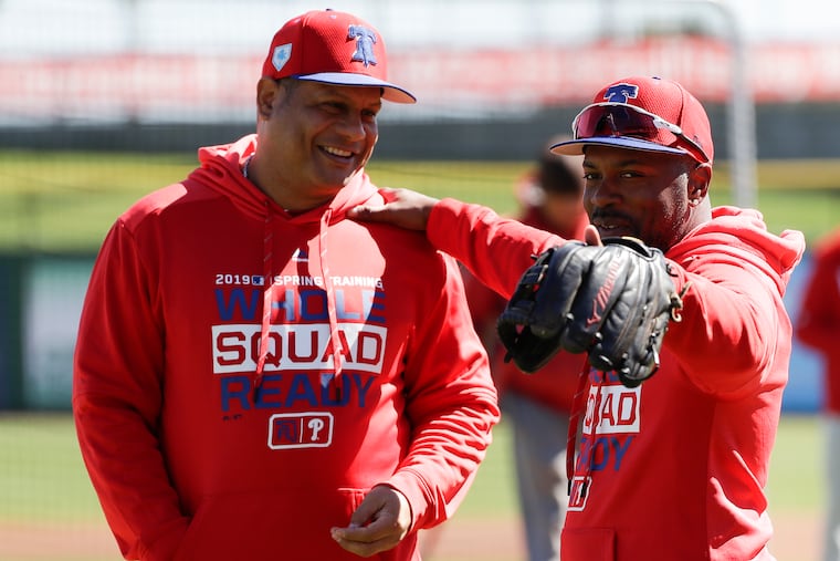 Phillies spring training instructors Jimmy Rollins (right) and Bobby Abreu together during spring training workouts on Wednesday, March 6, 2019 at Spectrum Field in Clearwater, FL.