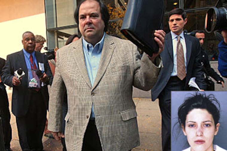 Jocelyn Kirsch (inset file photo) was sentenced today for identity theft and fraud. Her father, Dr. Lee Kirsch, is seen outside the courtroom. (Michael Mercanti / Staff Photographer)