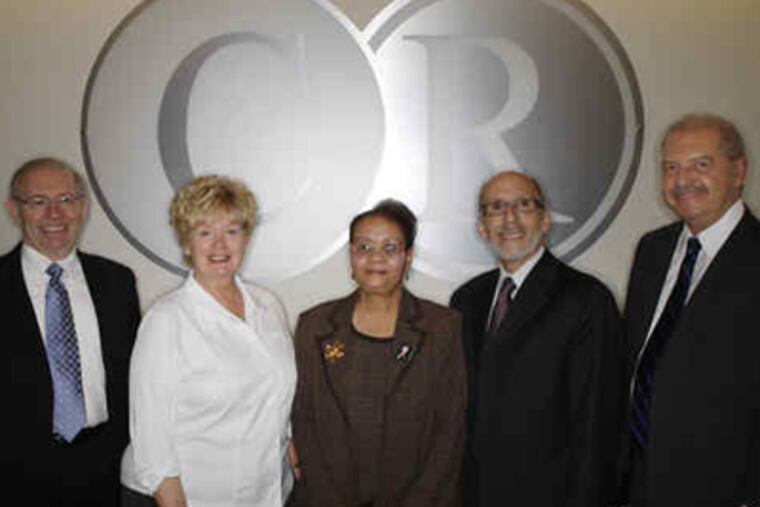 Longtimers at Center City law firm Caesar Rivise include (from left) Manny Pokotilow (1965), Beverly Johnson (1972), Bernice Mims (1959), Barry Stein (1972), and Stanley Cohen (1961). (Michael S. Wirtz / Staff photographer)