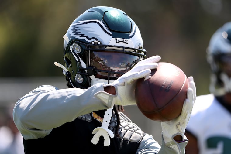 Eagles wide receiver Marken Michel put in some extra work with the JUGS machine at Eagles training camp on Monday.