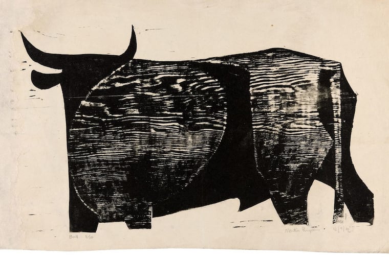 Martin Puryear’s “Bull” (1962), woodcut on Japanese paper, printed by the artist. On exhibit at the Print Center.