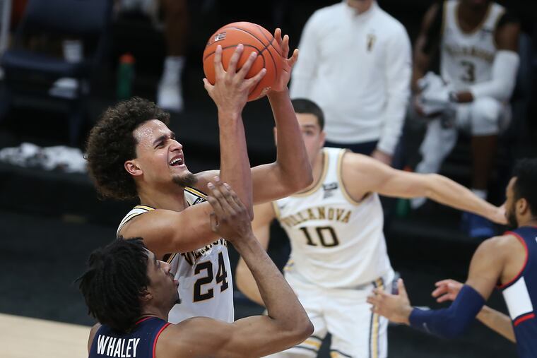 Jeremiah Robinson-Earl of Villanova goes up for a shot against Isaiah Whaley of UConn during the 2nd half on Feb. 20, 2021 at the Finneran Pavilion at Villanova University.