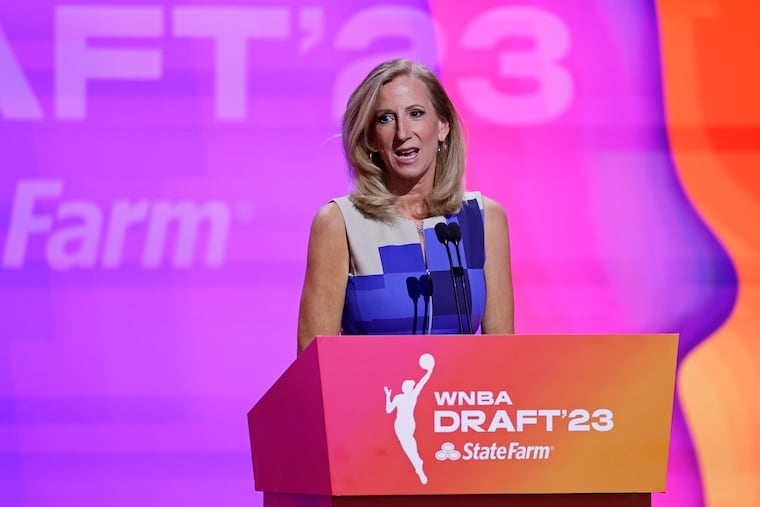 WNBA commissioner Cathy Engelbert speaks at the WNBA draft on April 10 in New York. The league is expected to announce that it is adding a 13th team, which will be based in Oakland, Calif.