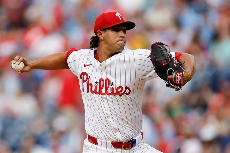 Phillies pitcher Tyler Phillips throws a first inning pitch against the Cleveland Guardians on July 27.