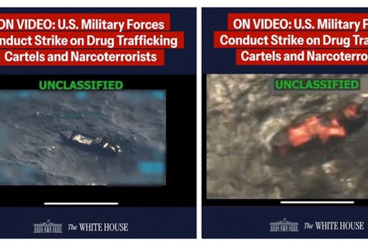 A combination image shows two screen captures from a video posted on the X account of the White House on Sept. 15, depicting what President Donald Trump said was a U.S. military strike on a Venezuelan drug cartel vessel that had been on its way to the United States.