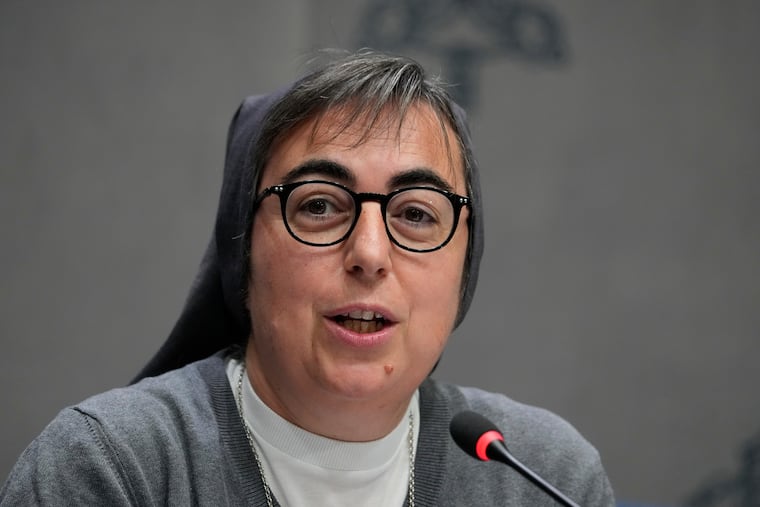 Sister Alessandra Smerilli, secretary general of the Vatican Dicastery for Promoting Integral Human Development, attends a press conference at the Vatican, Tuesday, Sept. 30, 2025. Pope Leo has appointed her to head the Vatican office responsible for migrants, the environment, and development.