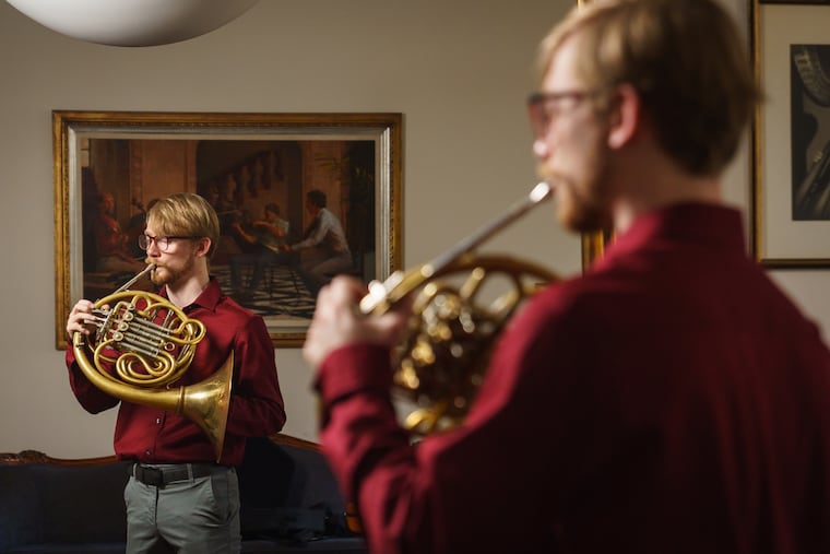 Curtis music student Andrew Stump plays music in one of Curtis' newly renovated studios, in March 2022.
