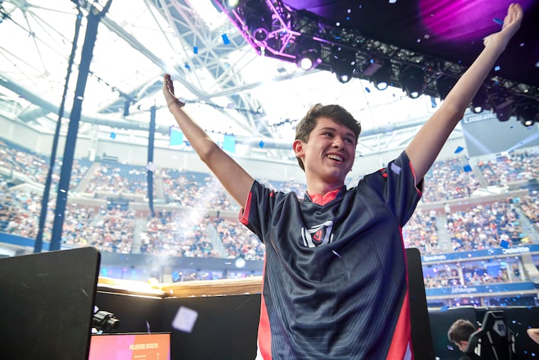 Kyle Giersdorf, 16, reacts after he winning the Fortnite World Cup solo finals in New York. Giersdorf, of Pottsgrove, who goes by the name "Bugha" when competing, racked up the most points and won $3 million as the first Fortnite World Cup solo champion.
