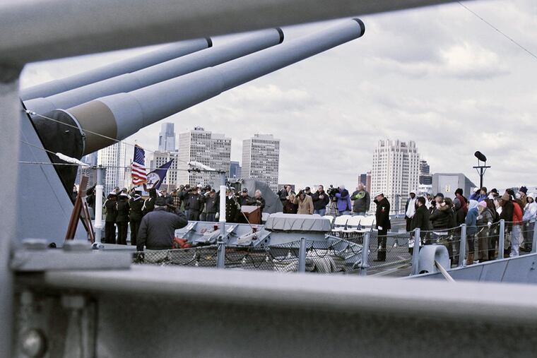 There are often encampments on the Battleship New Jersey, but this one is timed to coincide with the papal visit. (Elizabeth Robertson/Staff Photographer)