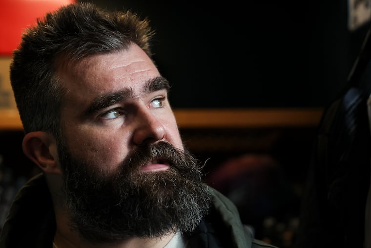Eagles center Jason Kelce speaks to reporters while cleaning out his locker at the NovaCare Complex on Wednesday.