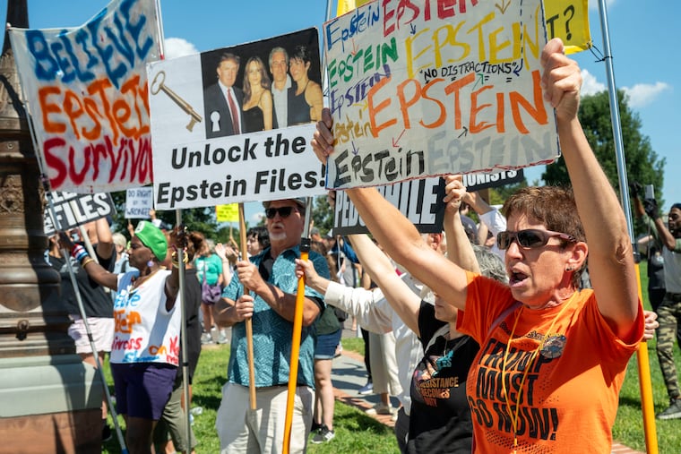 Protesters rally at a news conference calling for Congress to release all of the Jeffrey Epstein files, outside the U.S. Capitol in September.