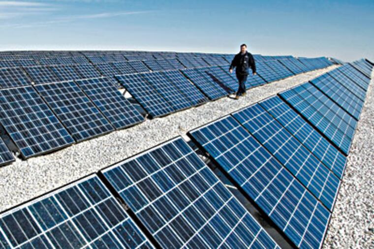 John P. Tinelli, plant operations manager at Pennsauken's landfill, walks amid 13,000 solar panels that produce electricity. (MICHAEL S. WIRTZ / Inquirer Staff Photographer)