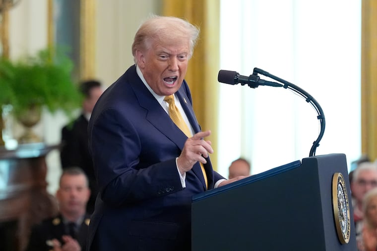President Donald Trump speaks during a ceremony to sign the "Halt All Lethal Trafficking of Fentanyl Act," in the East Room of the White House in July.