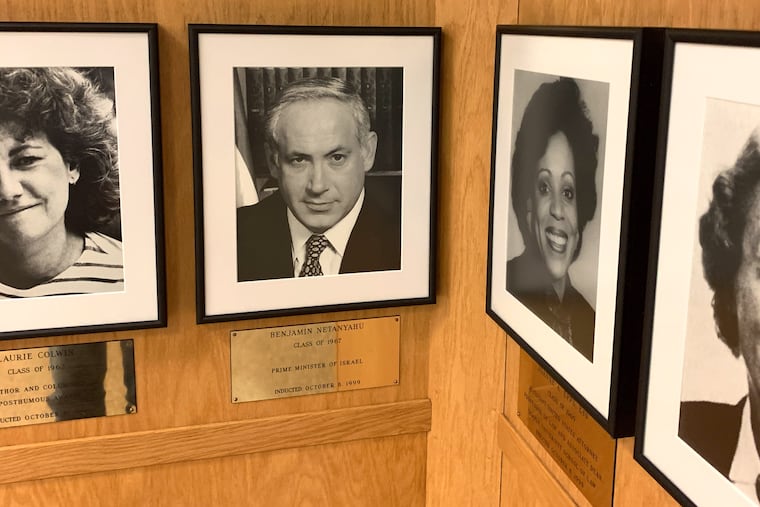 An image of Israel’s Prime Minister Benjamin Netanyahu is displayed as part of Cheltenham High School’s Wall of Fame, Oct. 21, 2019. Netanyahu was inducted on Oct. 8, 1999.