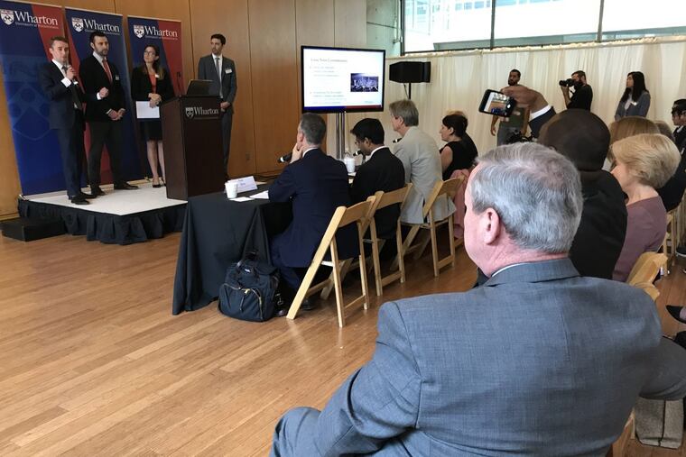 Mayor Kenney listens to pitches from Wharton students as the city prepares its proposal to try to lure Amazon HQ2 to Philadelphia.