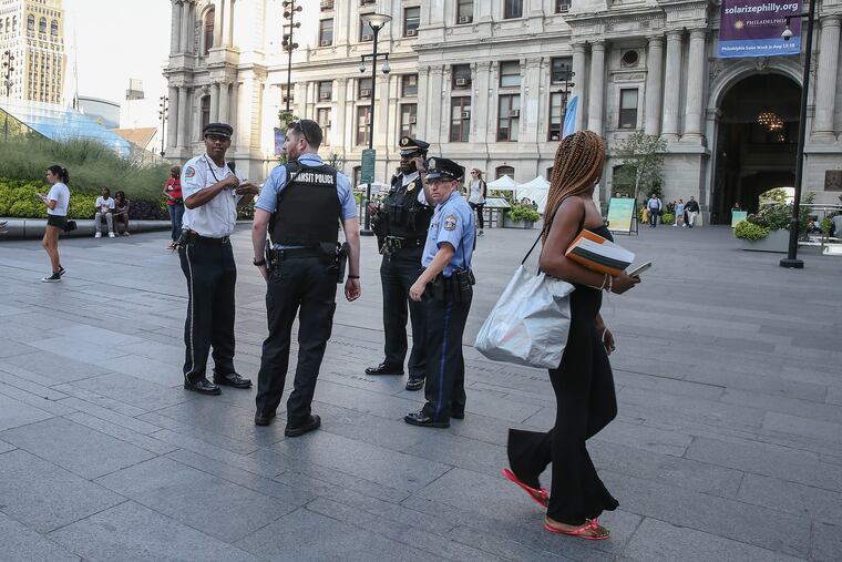 Septa and Philadelphia police officers at 15th and Market Streets after a man was shot in the leg on the lower SEPTA platform, Monday, Aug. 12, 2019.