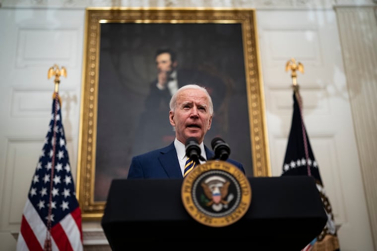 President Biden giving a speech in the State Dining Room at the White House on Friday.