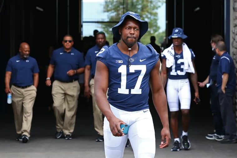 Penn State defensive lineman Arnold Ebiketie (17) , a Temple transfer,  during the team's Media Day on Aug. 7, 2021.   CRAIG HOUTZ / For The Inquirer