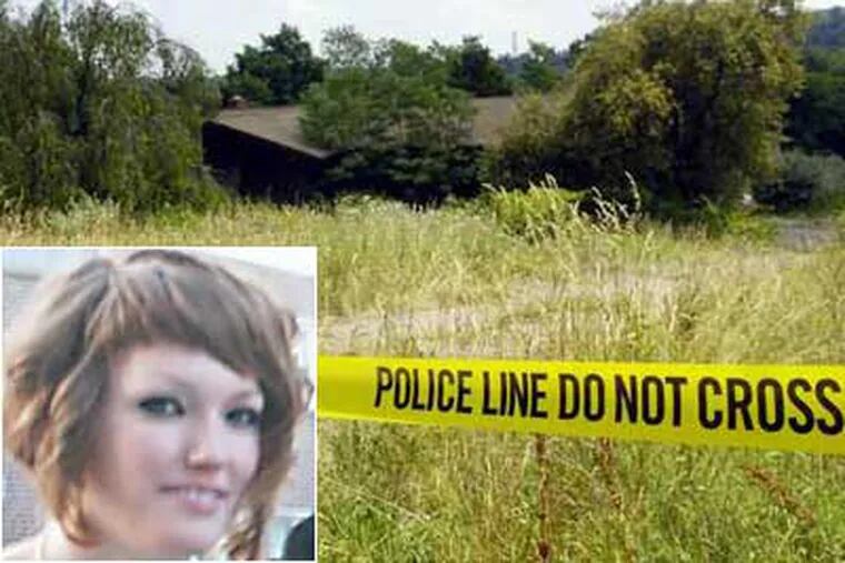 Police tape marks the property in Warren County, N.J., where the body of Gina Schickling (inset) was found yesterday. She had been missing since June 30.
