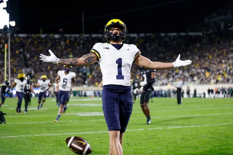 Michigan wide receiver Roman Wilson reacts after scoring against Michigan State on Oct. 21.