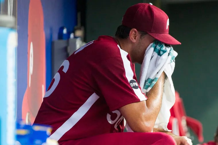Zach Eflin of the Phillies on the bench after giving up two home runs in the 2nd inning against the Braves at Citizens Bank Park on July 27, 2019.