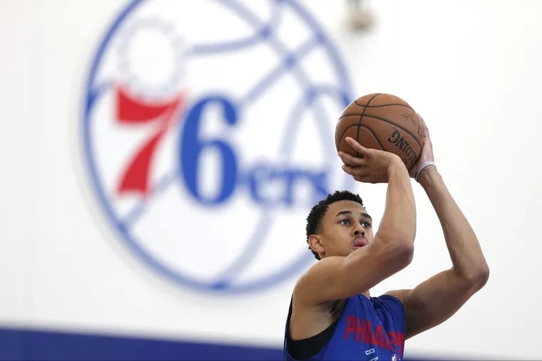 First-round pick Zhaire Smith takes a shot during the 76ers' summer league camp this week.